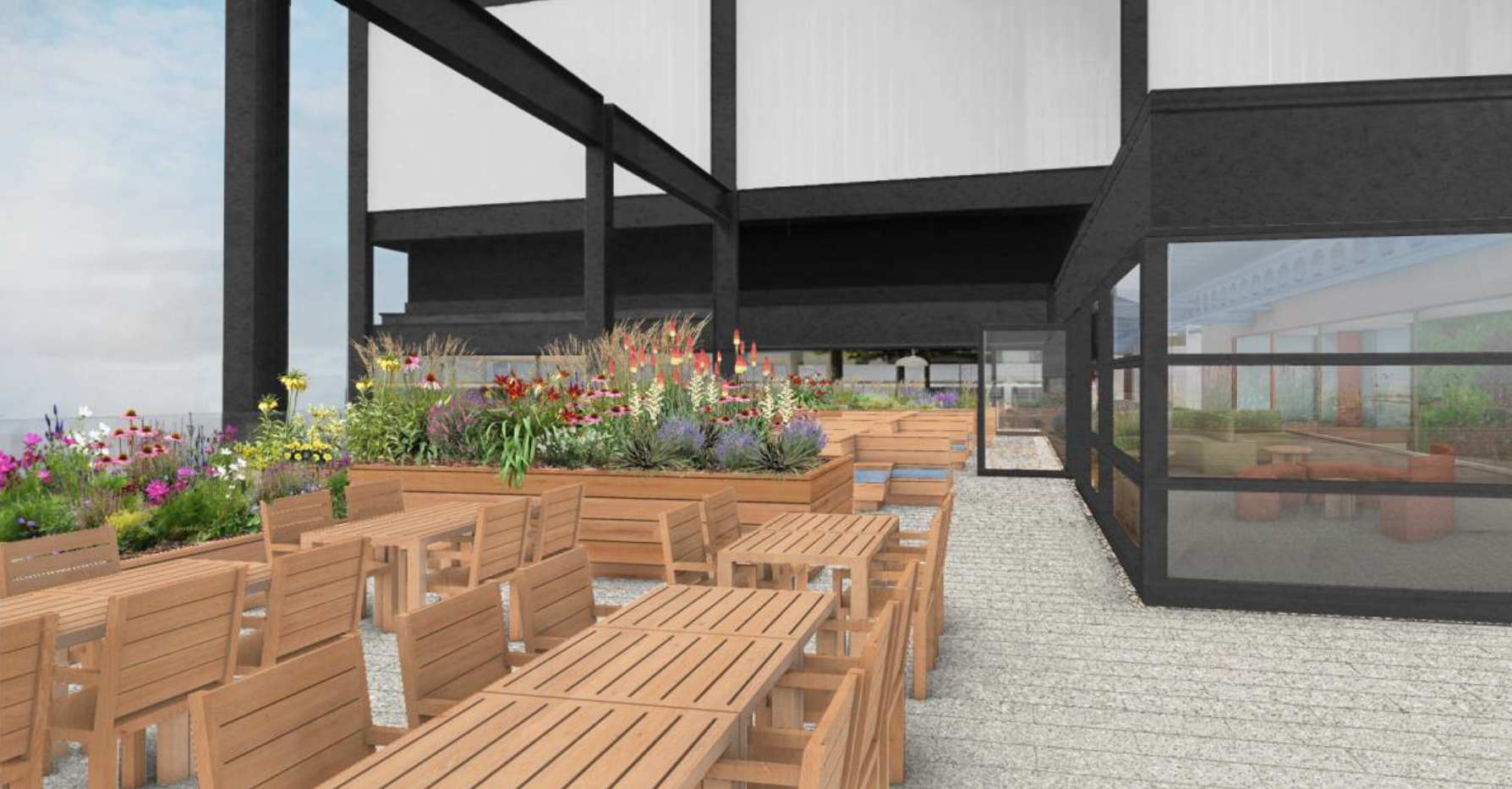 Wooden rectangular Alexander Rose Commercial furniture in an outdoor modern setting