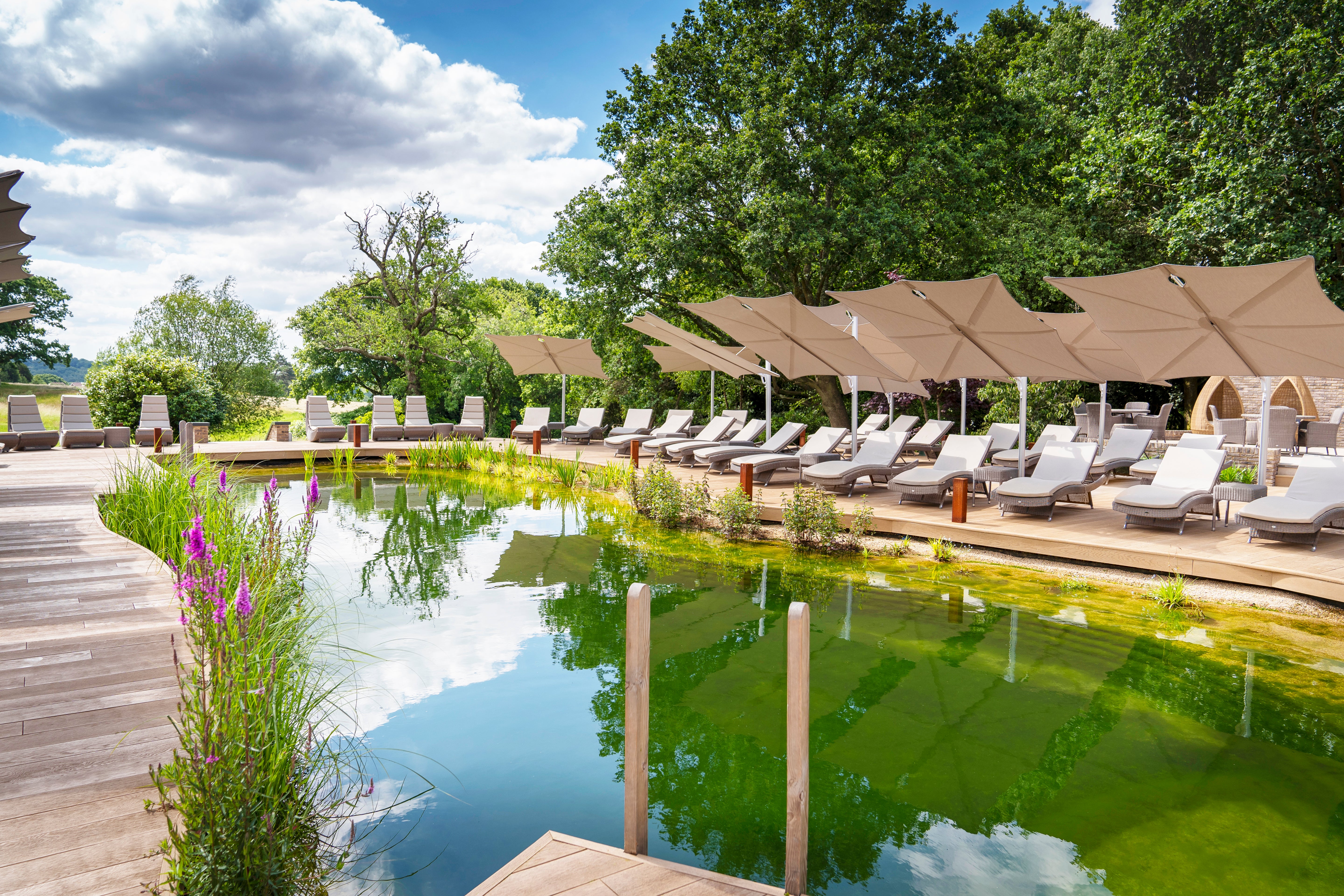 Alexander Rose sun loungers on the outdoor spa lakeside at South Lodge